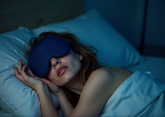 Femme portant Masque de Sommeil bleu